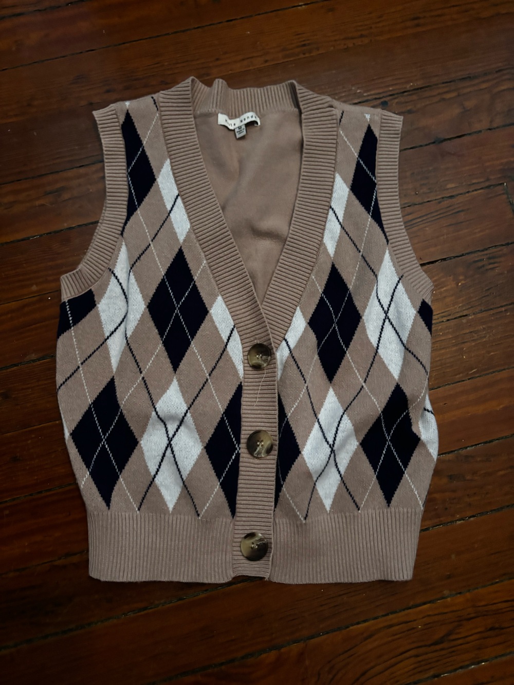 Haute Monde Taupe Argyle Knit Button Vest with Navy & White Diamonds